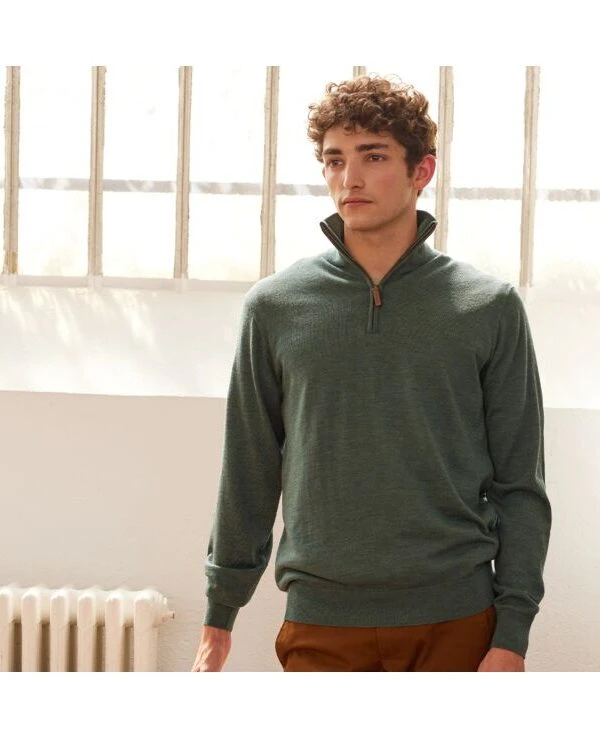 Pull Col Zippé Homme Vert Chiné - VLARINOS